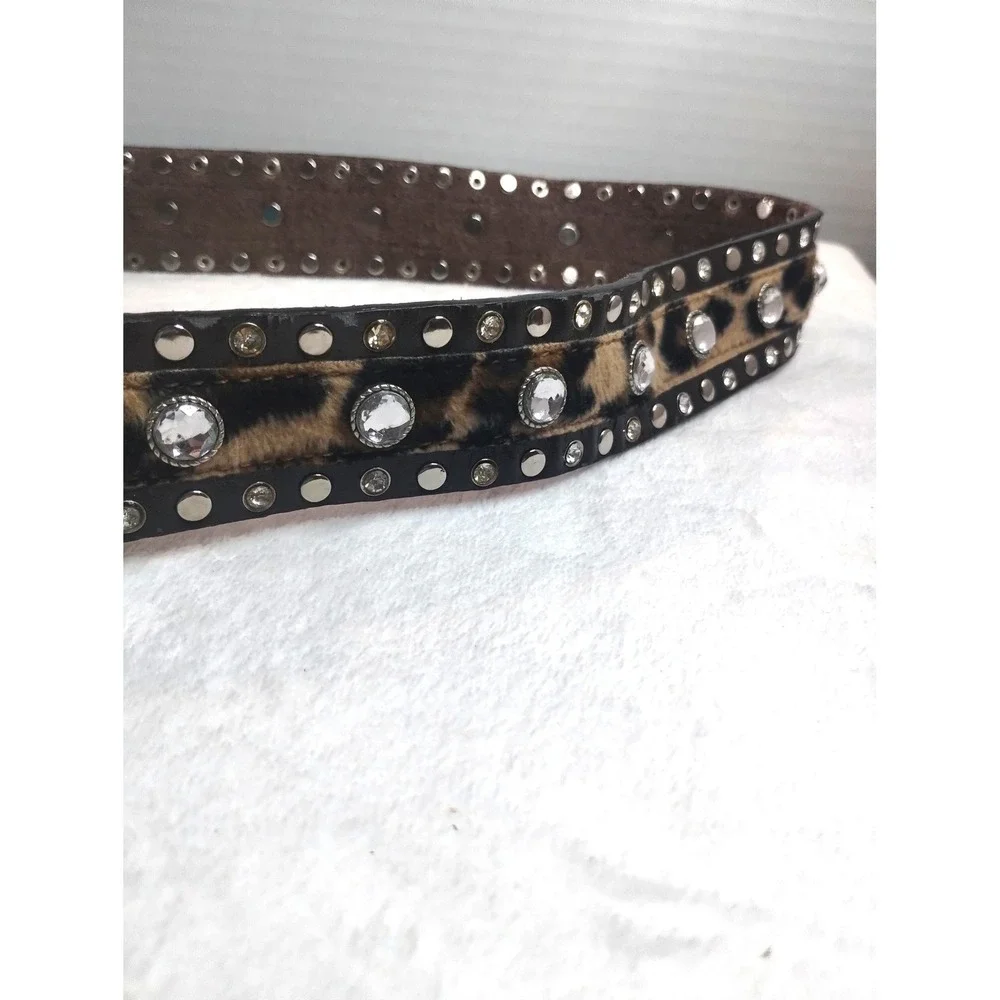 Leopard Print Rhinestone Studded Belt Faux Fur Western Glam Black‎ Brown 44.5in